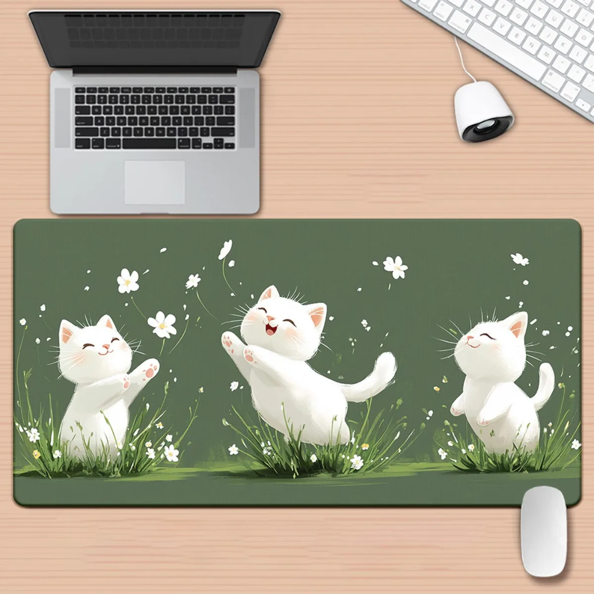 Playful White Kittens in Grass Large Extended Mouse Pad Durable Rubber Desk Mat for Gaming Office