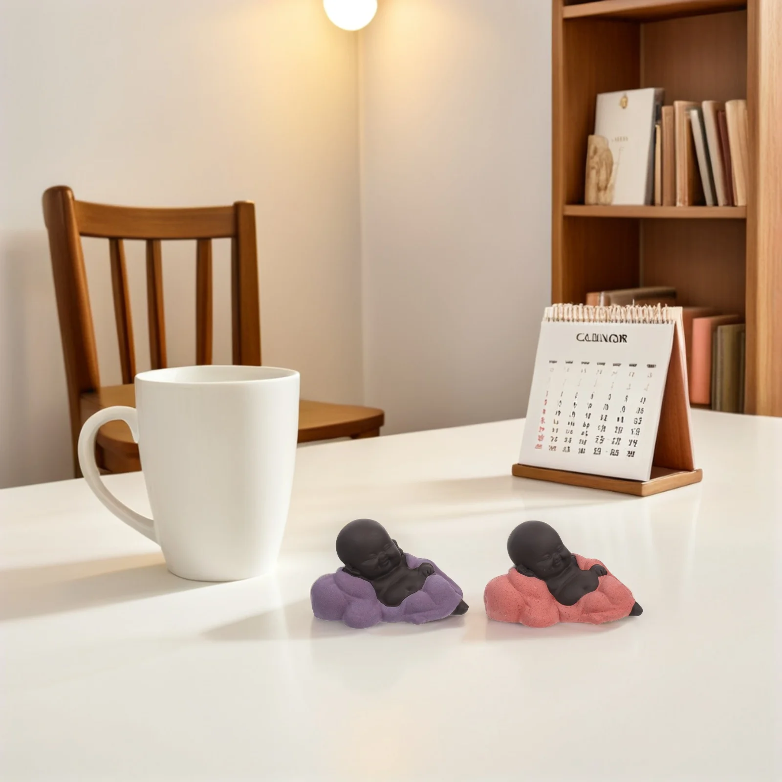 

2Pcs Smiling Buddha Mini Ceramic Monk Statue Desktop Zen Decoration Home Office Table Positive Energy Sculpture