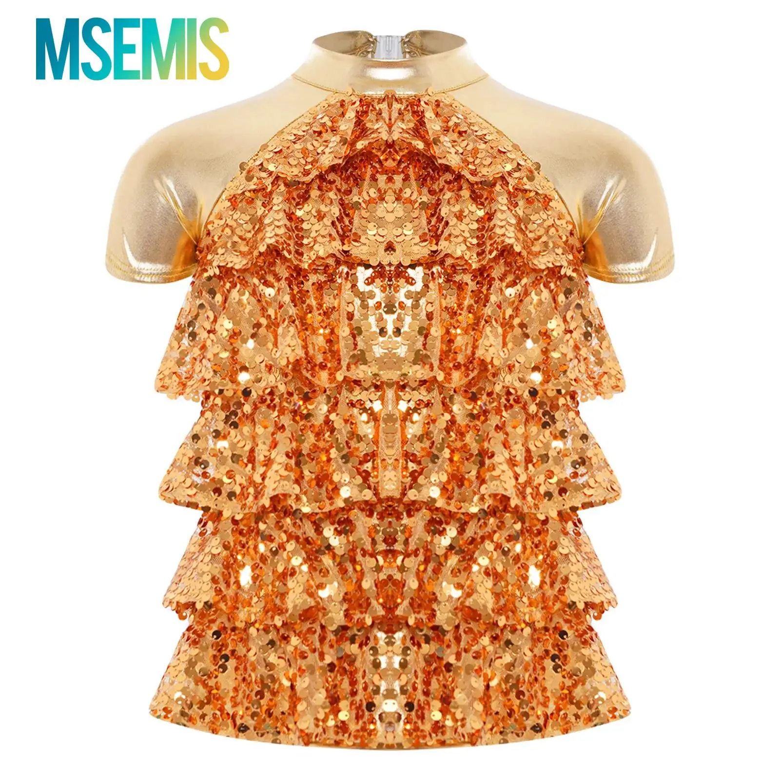 

Kids Girls Shiny Sequins Ballet Latin Jazz Dance Top Metallic Glossy Performance Costumes Short Sleeve Mesh Tiered Back Cut Top