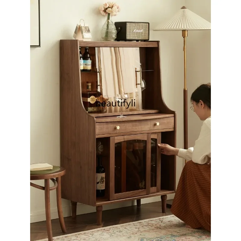 QQ45 Walnut Room Solid Wood Dining Side Integrated Wall Wine Cabinet American Living Room Storage Home Middle-Ancient Cabinet