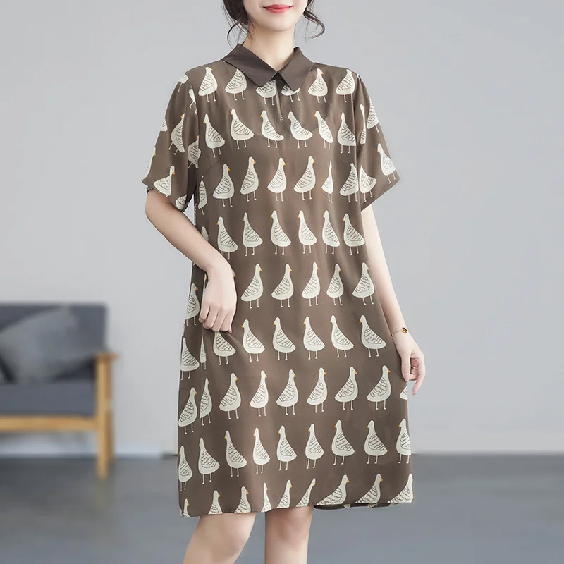 #3450 Summer 2023 Printed Shirt Dress Women Polo Collar Loose Vintage Chiffon Dress Short Sleeve Knee-length Retro A-Line Dress