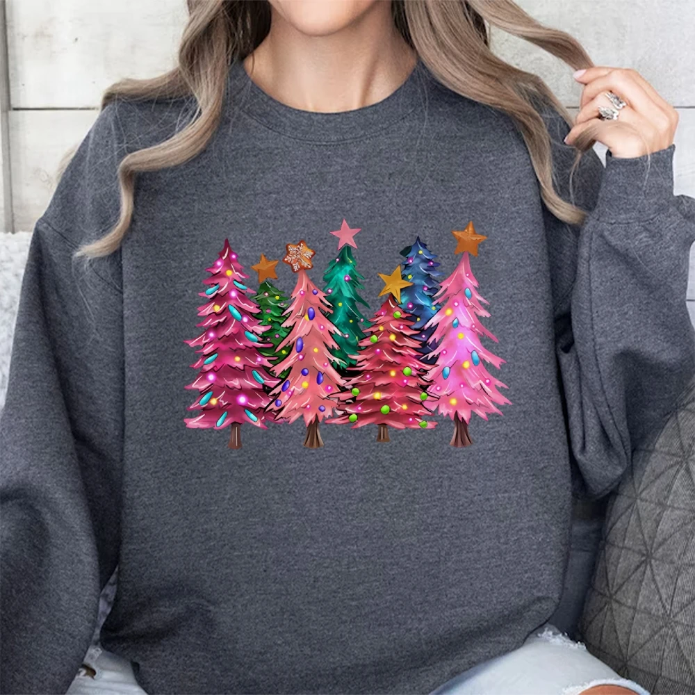 Maglione girocollo casual con grafica albero di Natale a colori 2024 Felpa calda morbida in cotone con maglione a maniche lunghe alla moda