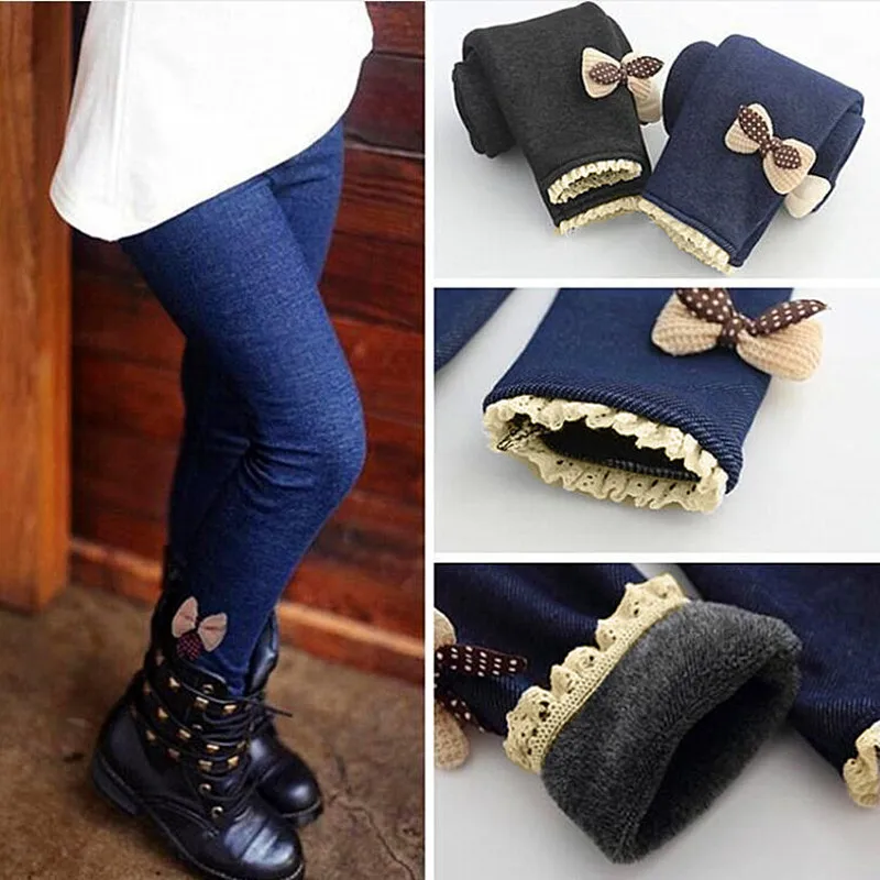 

Imitation Denim Kids Girls Pant Plus Velvet Warm Lace Bow Children's Trousers for Autumn Winter