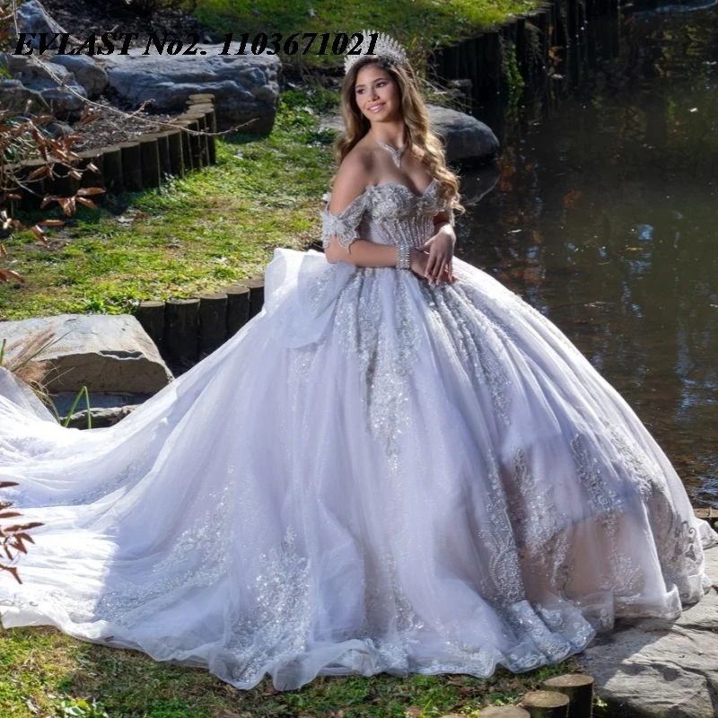 

EVLAST Customized Glitter Silvery Quinceanera Dress Ball Gown Sequins Lace Applique Beading Sweet 16 Vestidos 15 Anos E2QA236