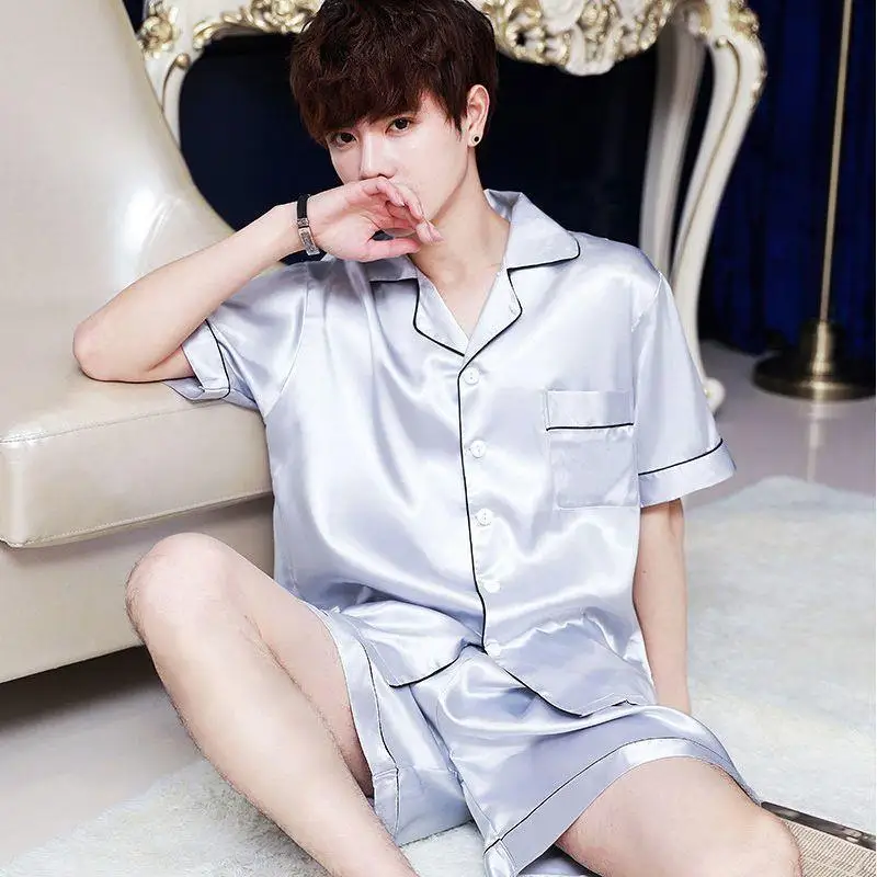 Summer Men\'s New Ice Silk Pajamas Homewear Suit Men\'s Thin Short-Sleeved Shorts Loose Large Size Youth Fashion Leisure Suit