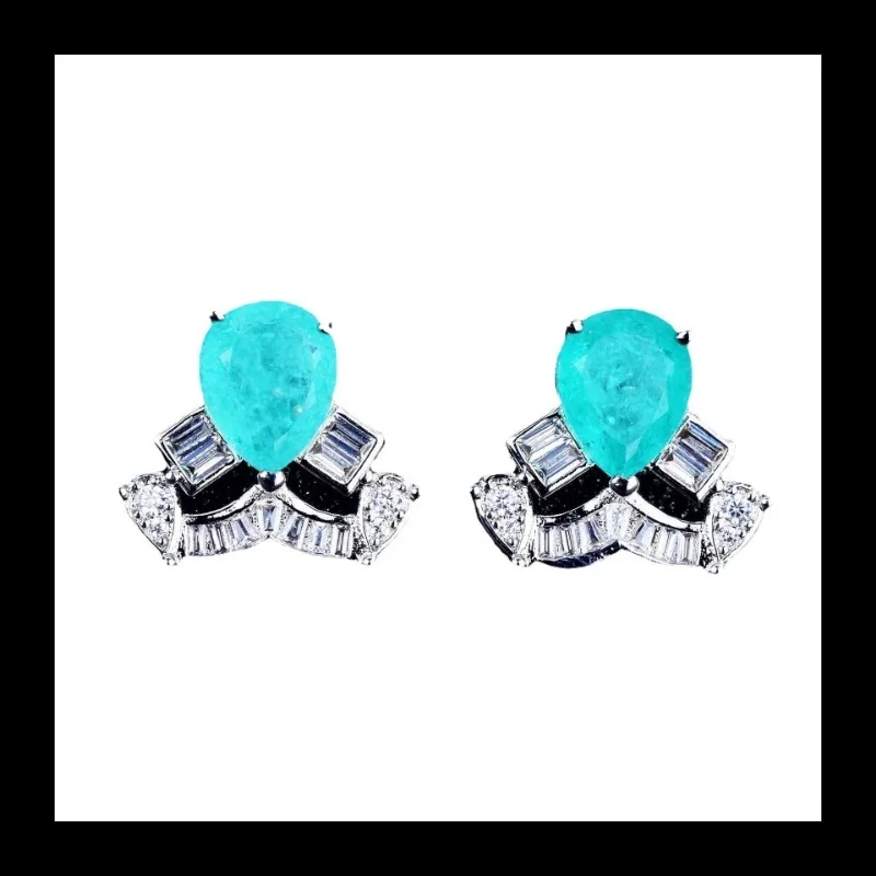 مجموعة بارايبا المقلدة المباشرة، قلادة التاج الماسية الكاملة الفاخرة، أقراط على شكل كمثرى، حلقة مفتوحة.