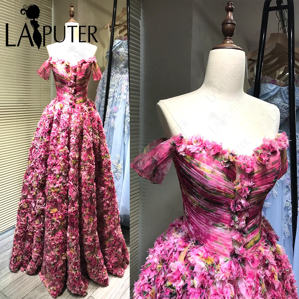 3D Floral A line Prom Dresses Off Shoulder Side Sleeves Print Flowers Evening Gown Ruching Bodice Box Pleat Girl Party Dress