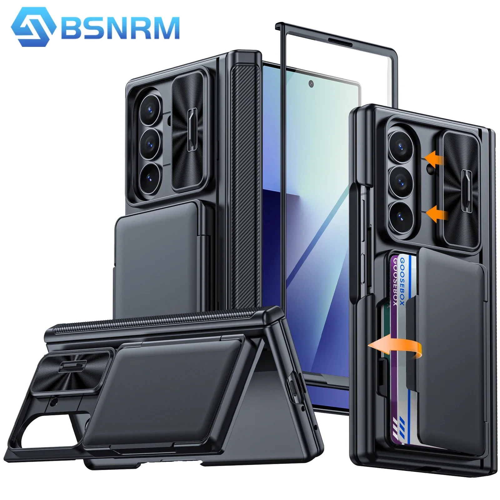 

Чехол для Samsung Galaxy Z Fold 7 с защитой шарнира, подставкой, держателем для RFID-карт, крышкой для камеры, противоударный - черный