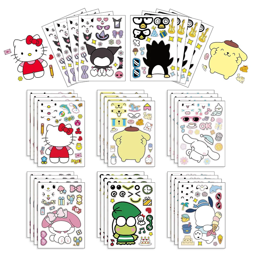 8/16sheets Kawaii Sanrio Kuromi Puzzle Stickers Make a Face Cinnamoroll Decal Diary Scrapbooking Laptop Sticker for Kids Girls