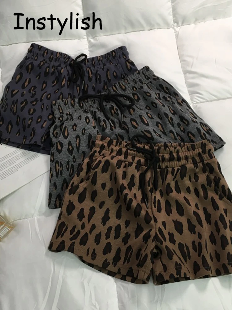 Vintage Harajuku Leopard Druck Breite Bein Shorts Frauen Sommer Koreanische Einfache Chic Elastics Taille Kordelzug Lose Kurze Hosen 2022