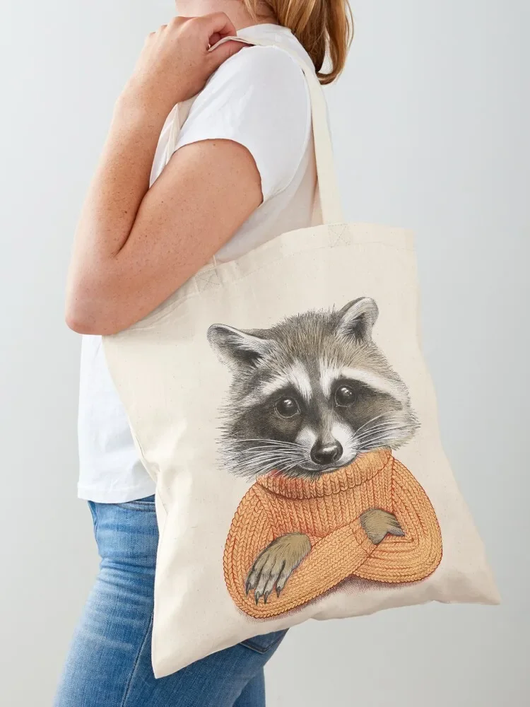 Raccoon in winter sweater Tote Bag Women's beach bags Big bag women Portable shopping bag