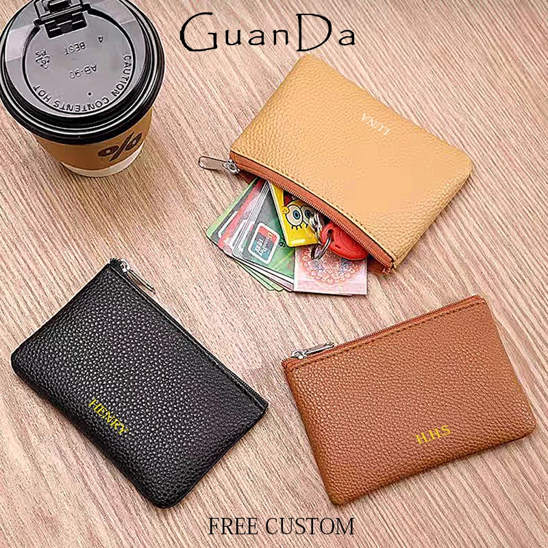 Custom Name Fashion Coin Purse Genuine Leather Woman Business Key Wallet Engrave Initials Luxury Card Holder Storage Bag Gift