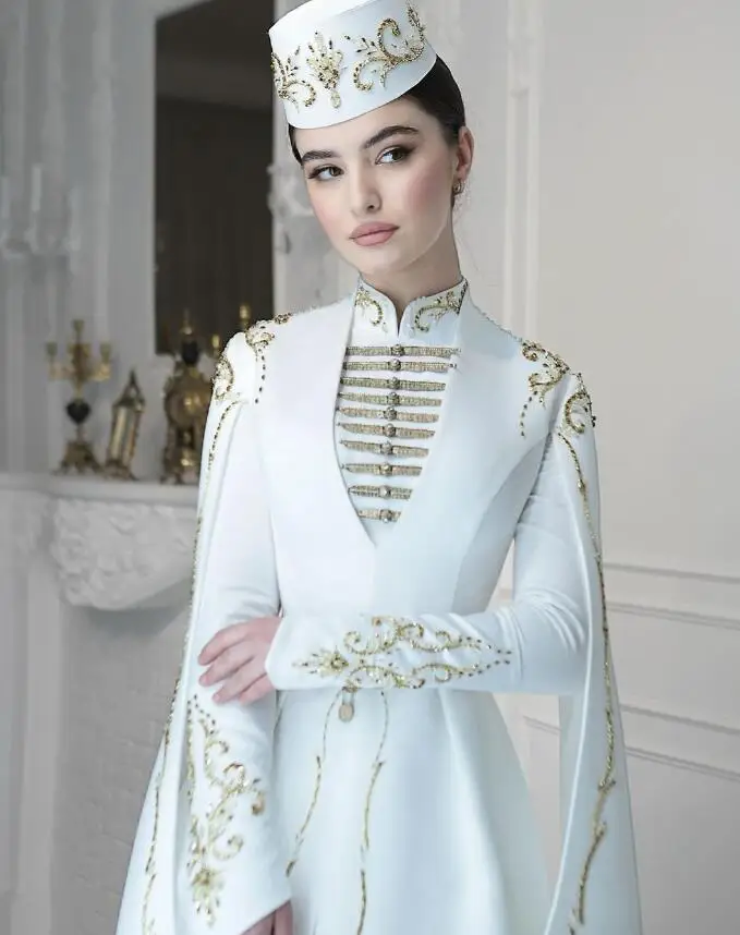 Ossetian National Wedding Dresses with Long Sleeve Cape Gold Luxury Embroidery Pearls High Neck Muslim customsized Bridal Gown