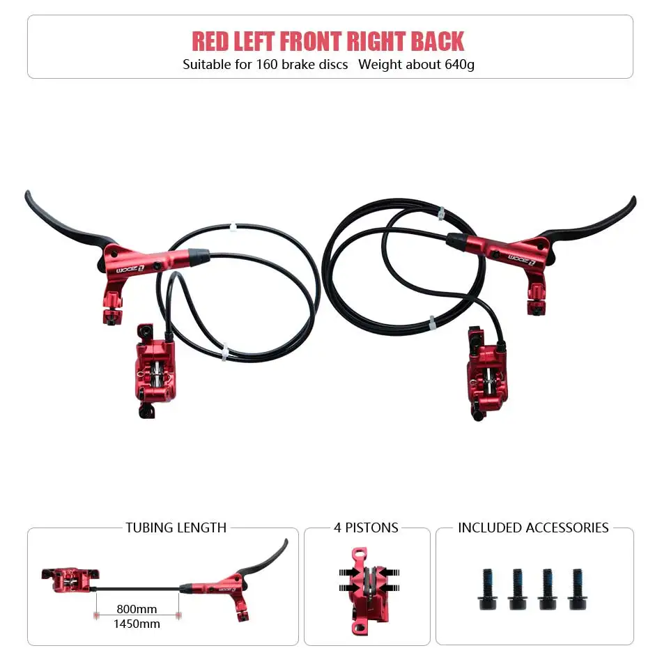 ZOOM HB-876 4-Kolben-Klapp-Mountainbike-Scheiben-Hydraulikbremsen-Set vorne 800 hinten 1400 mm MTB-Fahrradkrämpfe rot Fahrradteile
