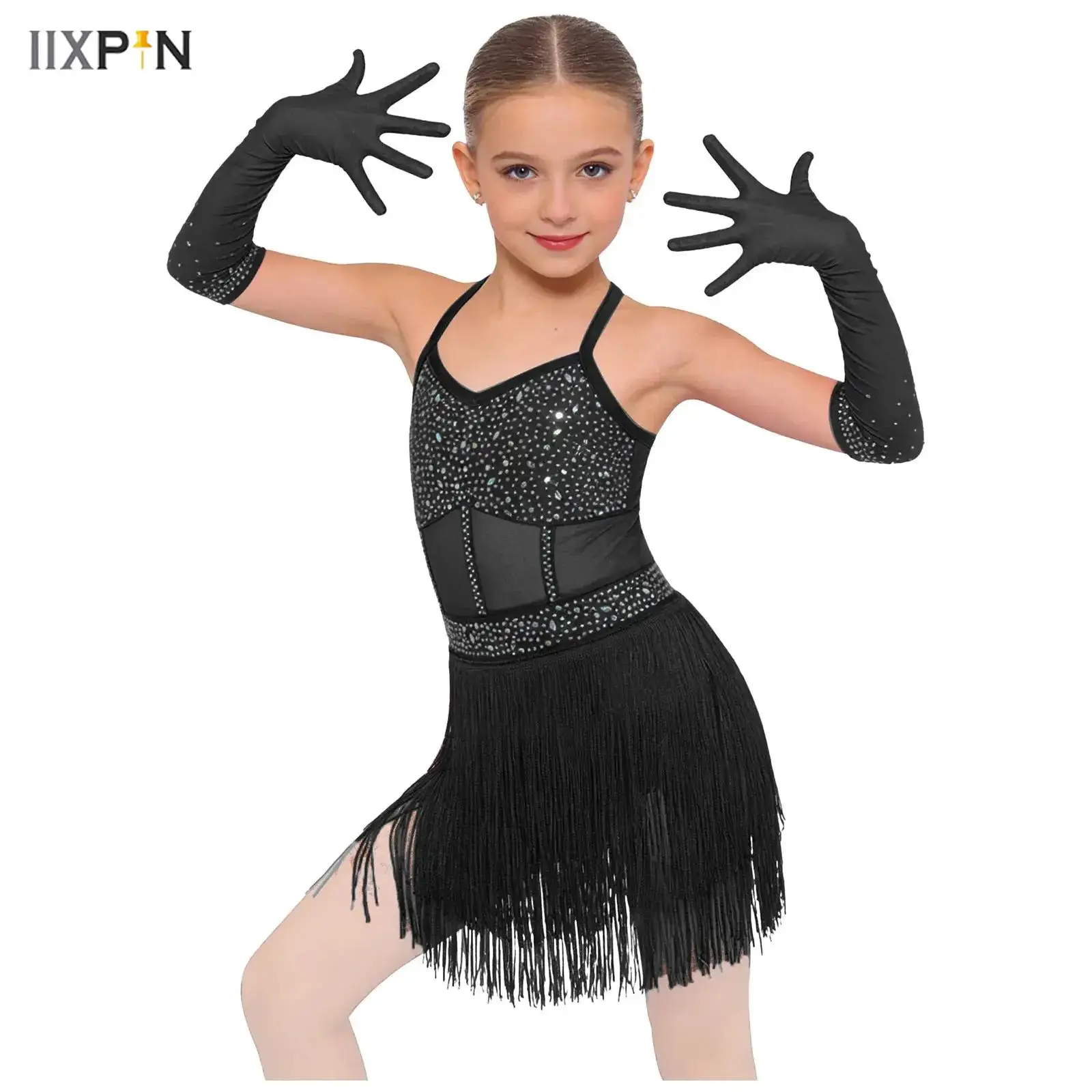 

Kids Girls Rhinestone Latin Jazz Dance Competition Outfit Tassel Ballroom Figure Skating Ballet Leotards Dress with Gloves Suits