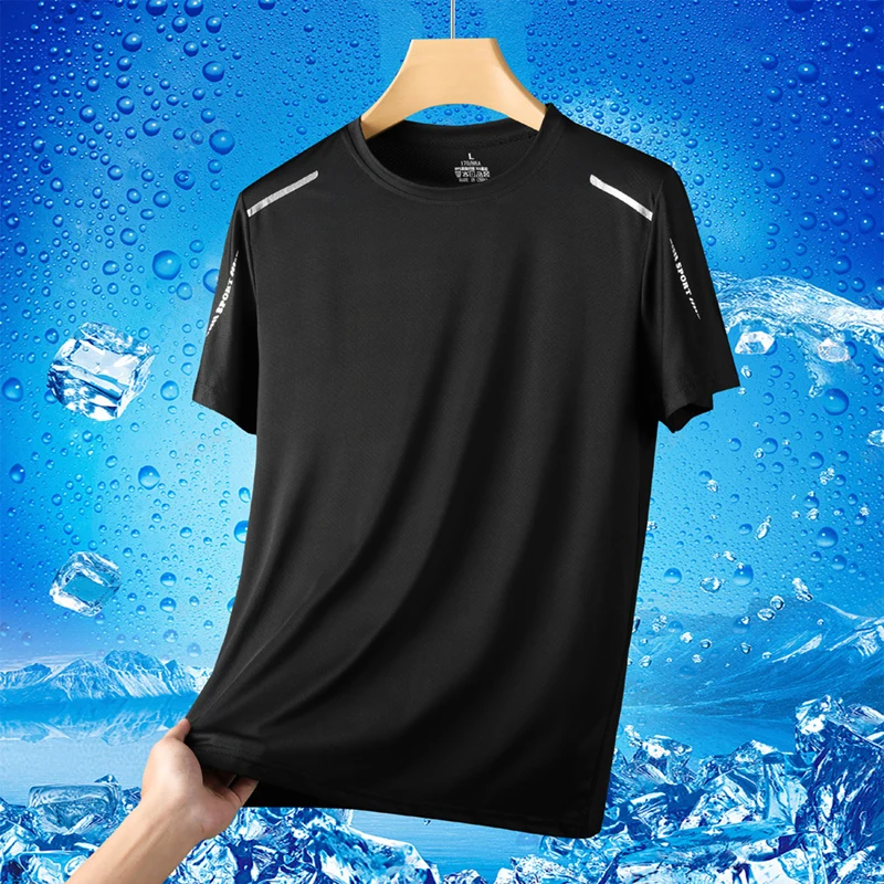 Ice Silk Short Sleeves Men\'s Summer Thin Sports Top Cool T-shirt, Elastic Mesh Breathable Outdoor New Quick Drying T-shirt