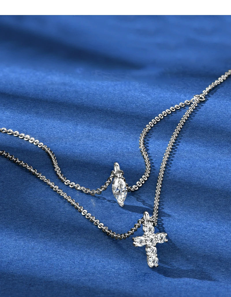 925 Sterling Silver Double Layer Chain Necklaces Corss Marquise Cut Moissanite Pendent Necklace for Women Party Jewelry Gift
