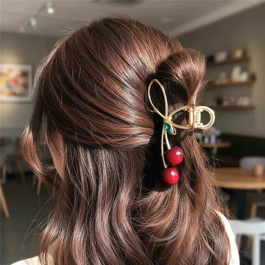 Cherry Shape Alloy Hair Claw Clip For Women Durable Scratch-Free Design Alloy Gold-Toned Large Hair Clip for Thick Hair