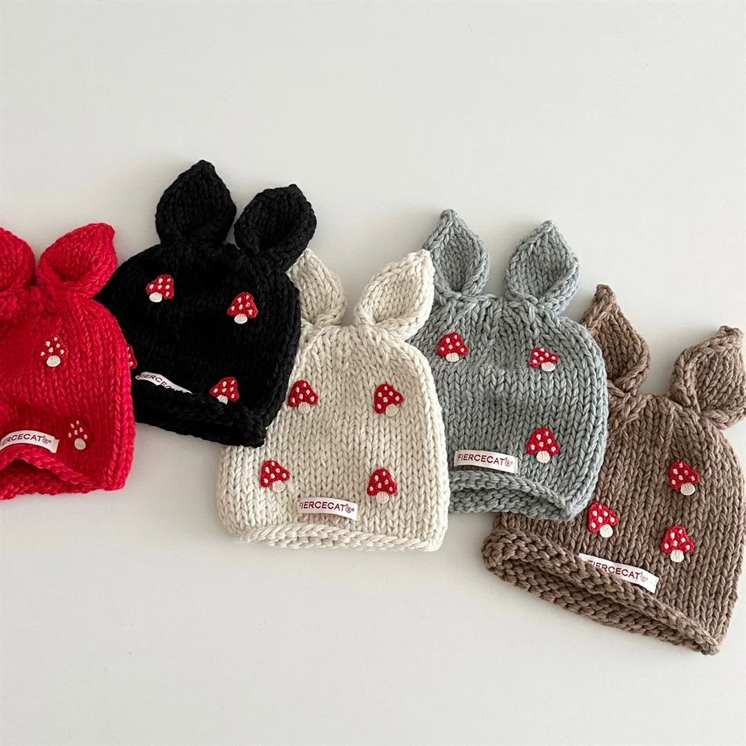 3-6Y Knit Hat for the Girl Cute Mushroom Embroidery Children's Autumn Hat Kids' Hats and Caps Windproof and Coldproof