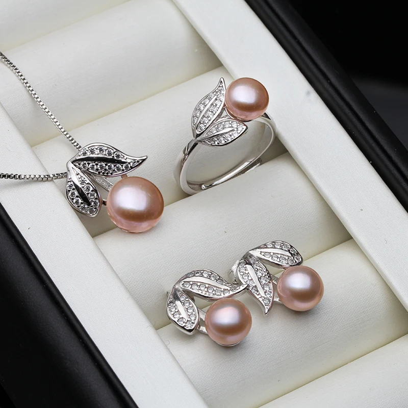 Real Pearl Necklace and Earrings For Women Natural Freshwater White Pearl Jewelry Set 925 Sterling Silver Jewelry Sets Gift