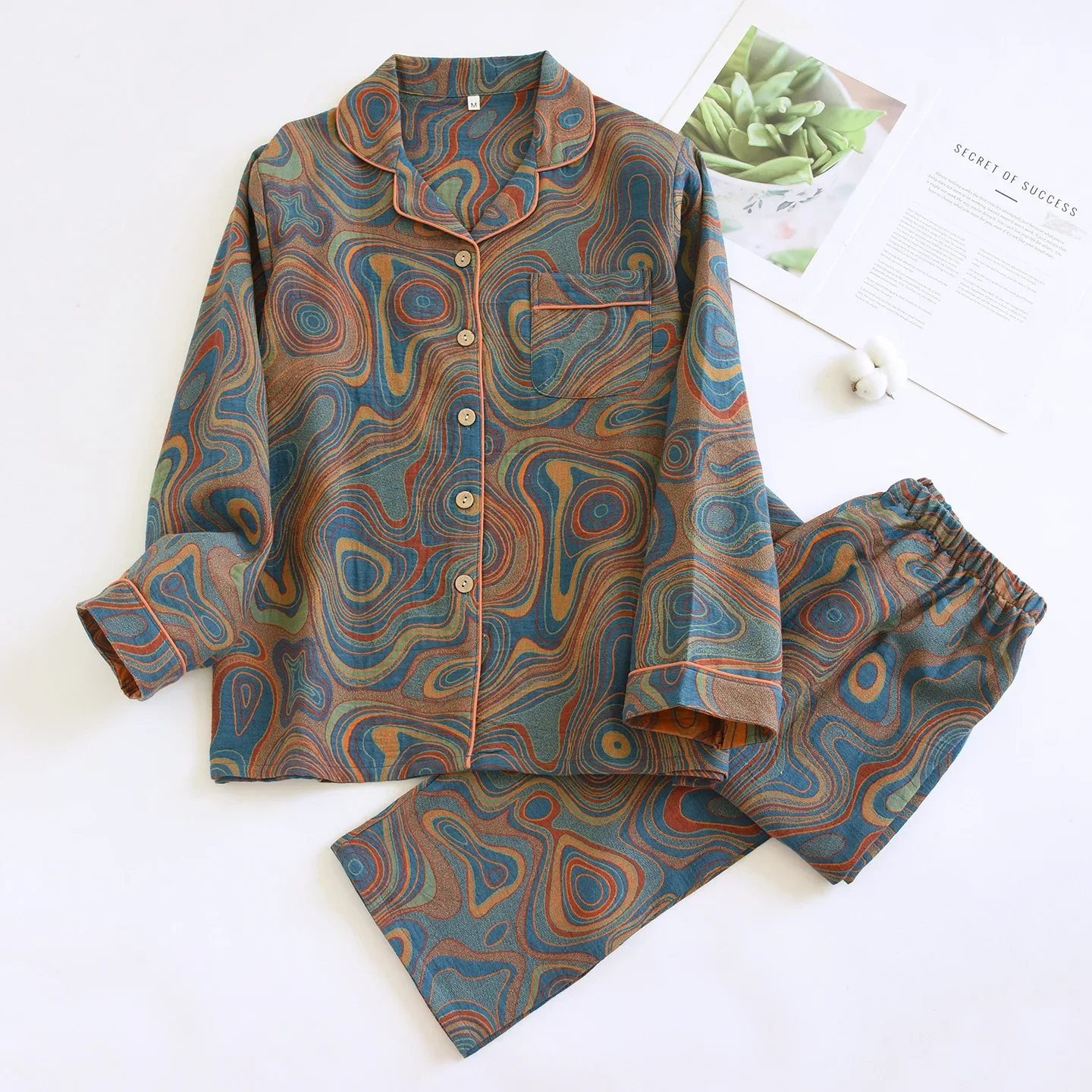 

Cotton Printed Sleepwear Clothes for Autumn Thin Women's Simple Long Sleeved Long Pants Loose Plus Size Home Clothes