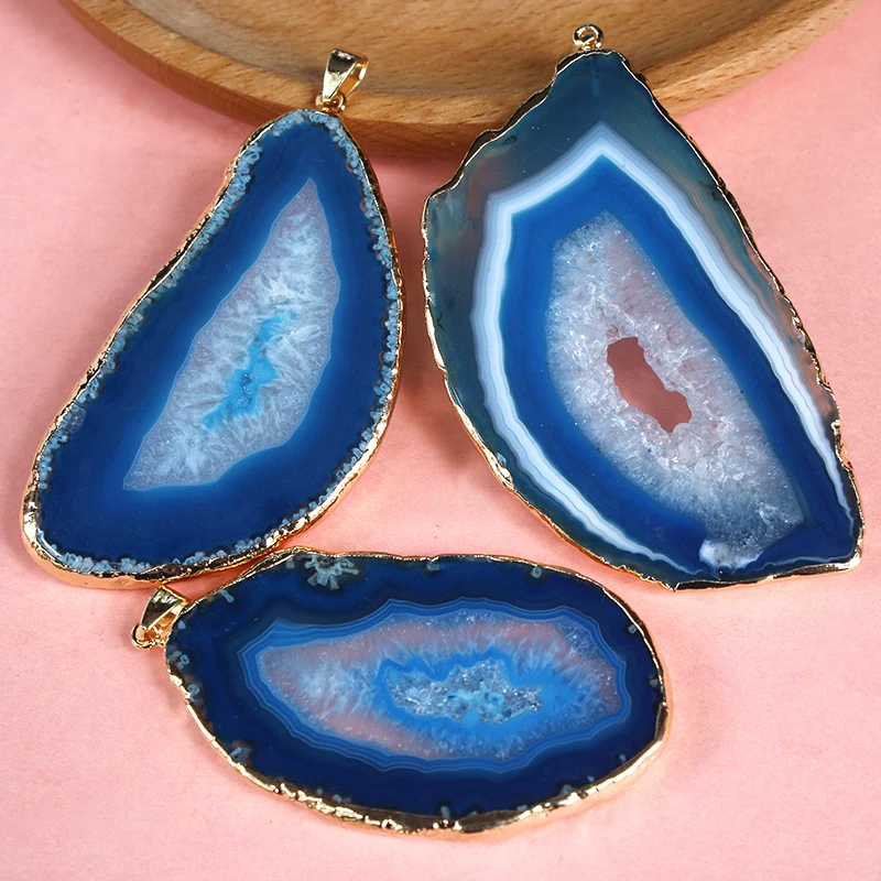 Irregular Big Natural Agate Slice Pendant for Women Men Geode Stone Healing Crystal Necklace with Gold Edge