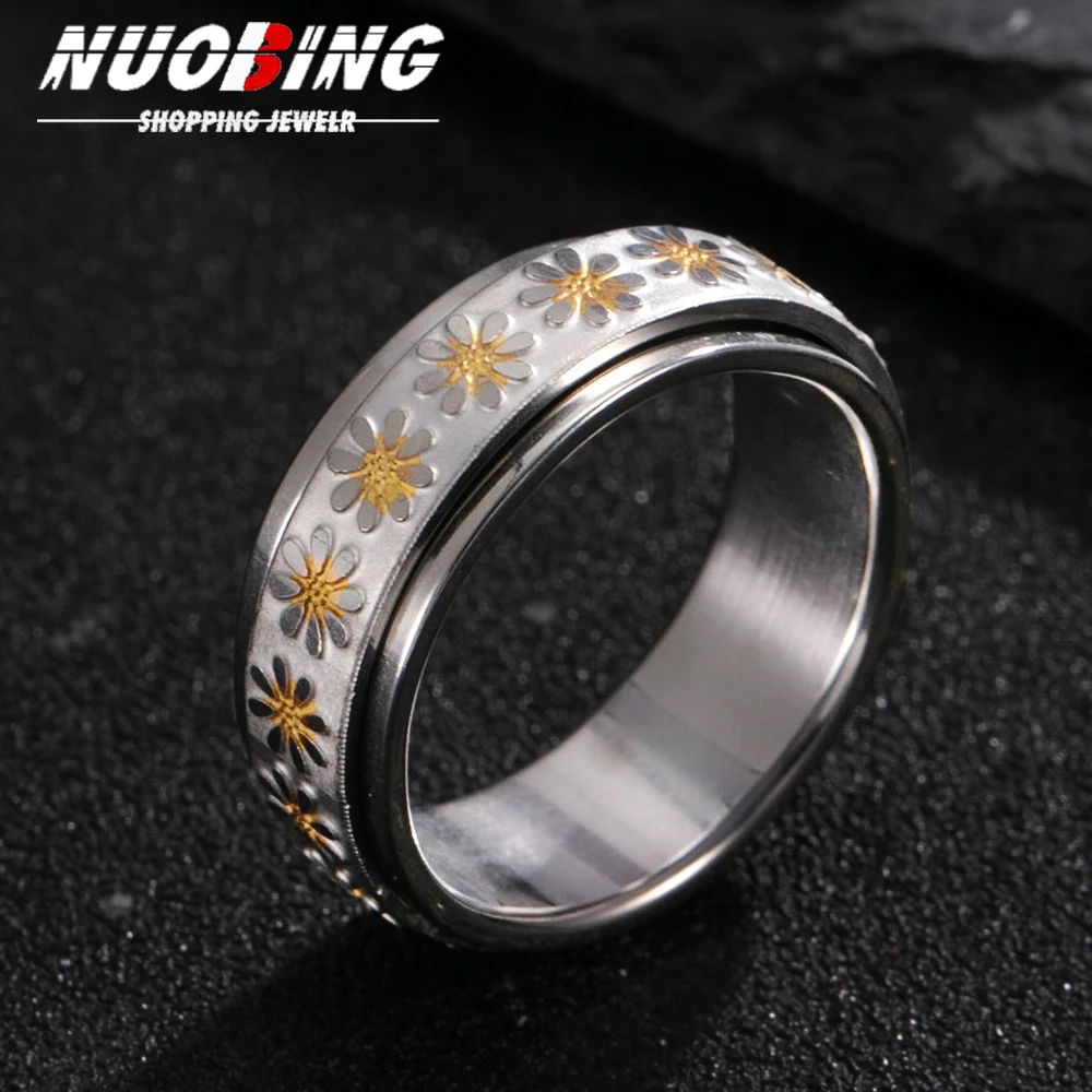 Anti Stress Anxiety Fidget for Women Spinner Daisy Flower Sunflower Sun Star Stainless Steel Ring Trendy Jewelry Anillo  ﻿