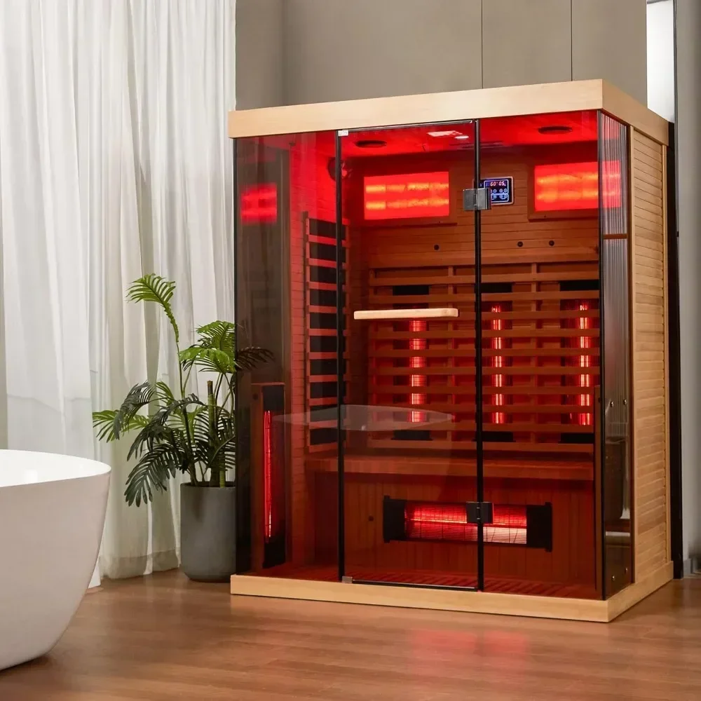 Far Infrared Sauna,2-3 Person Home Sauna Indoor Sauna Spa Room with Rapid Heating,Panoramic Tempered Glass&Oxygen Bar Sauna