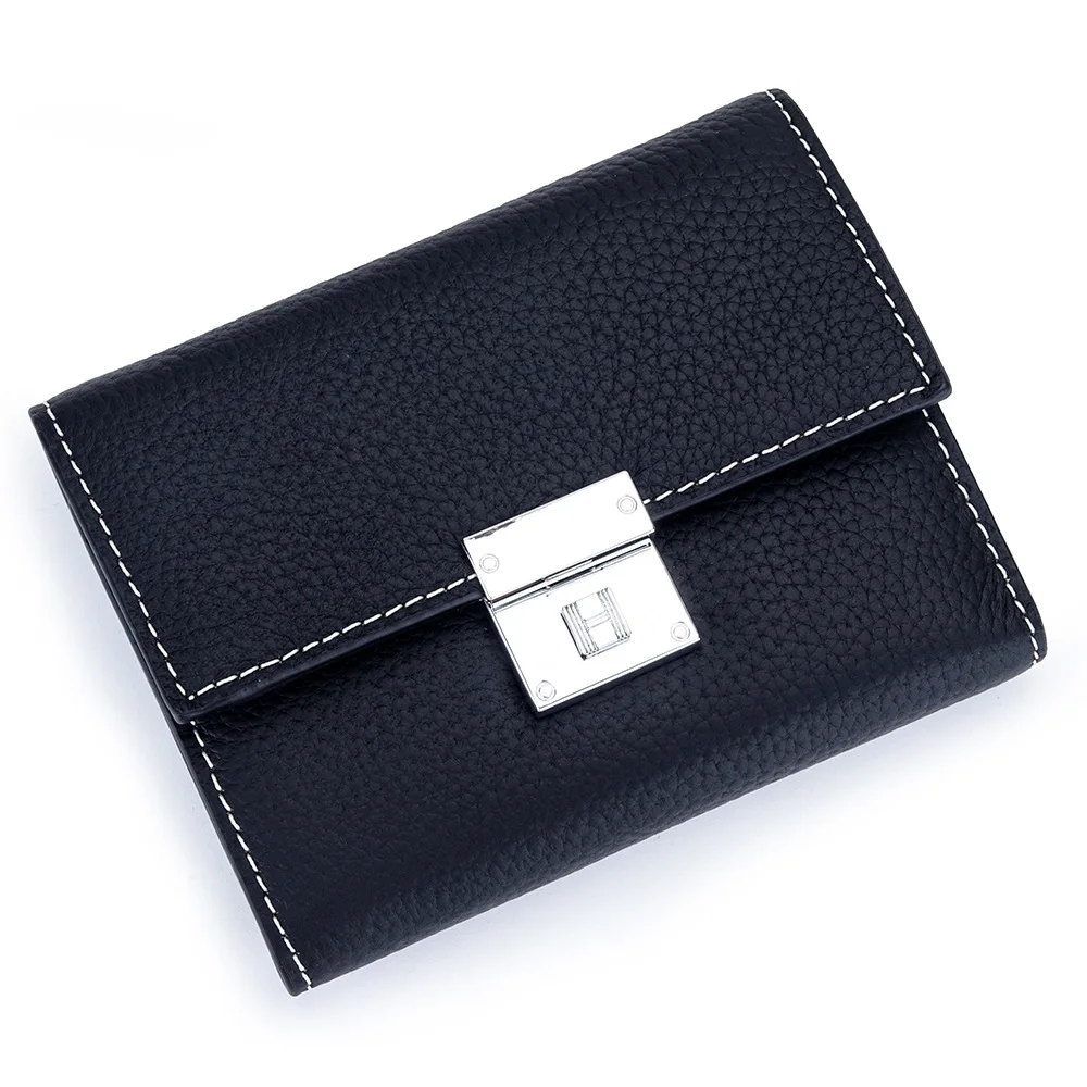 

Women Fashion Genuine Cowhide Leather Short Wallet Metal Buckle Coin Card Holder Real Leather Small Purse 7Z