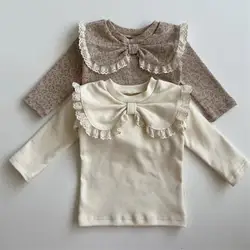 2024 Autumn New Baby Girl Bow Lapel T Shirts Infant Toddler Cotton Bottoming Shirt Solid Long Sleeve Princess Tops Baby Clothes