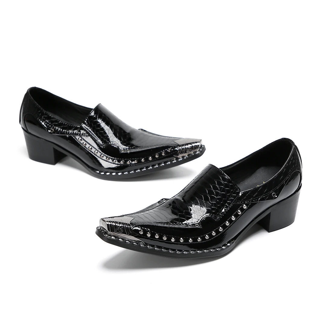 Luxury Gentleman Dress Shoe Black Genuine Cow Leather Studded High Heels Shoes For Man Pointed Toe  Men Formal Slip On Oxfords