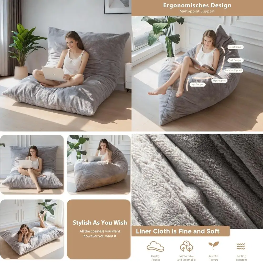 BYBYME 3 in 1 Bean Bag Chair, Convertible Chair Folds from Bean Bag to Lounger, High-Density Foam Filling, Faux Fur Big Sofa Bed
