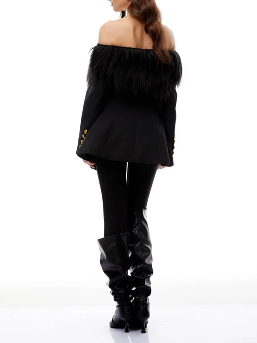 VGH, Blazers adelgazantes de felpa lisos elegantes para mujer, cuello oblicuo, manga con hombros descubiertos, chaqueta con temperamento con botones empalmados para mujer