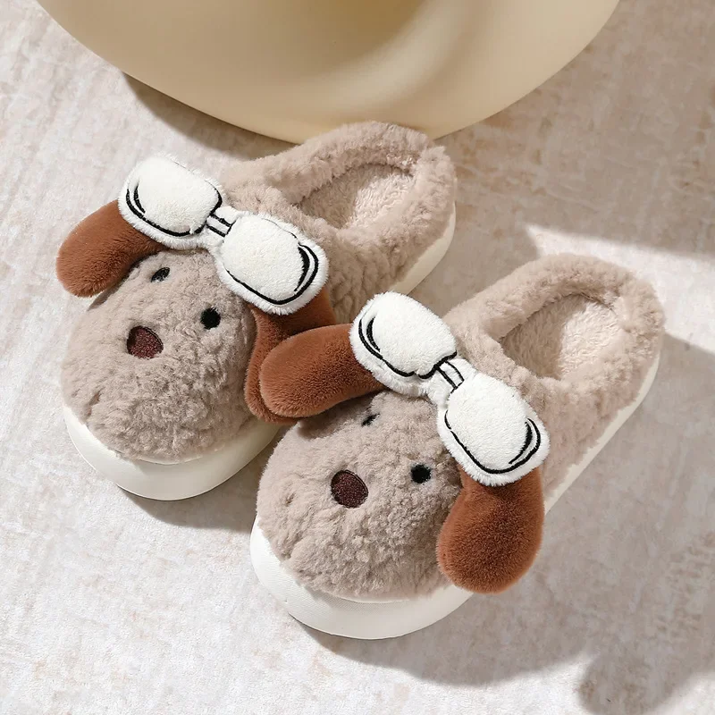 Cute Cartoon Puppy Indoor Cotton Slippers with Soft Sole Silent Slippers Women and Men Anti Slip Floor Home Couple Cotton Shoes