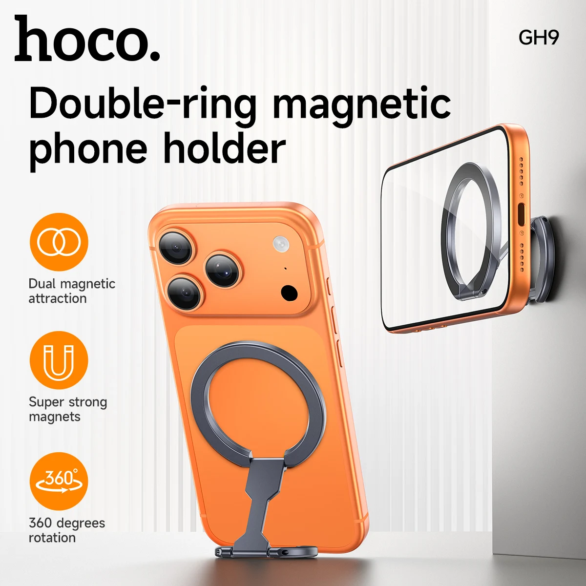 Suporte Magnético para Telefone GH9 com Anel Removível e Apoio Compatível com iPhone MagSafe Samsung Xiaomi - Suporte para Celular