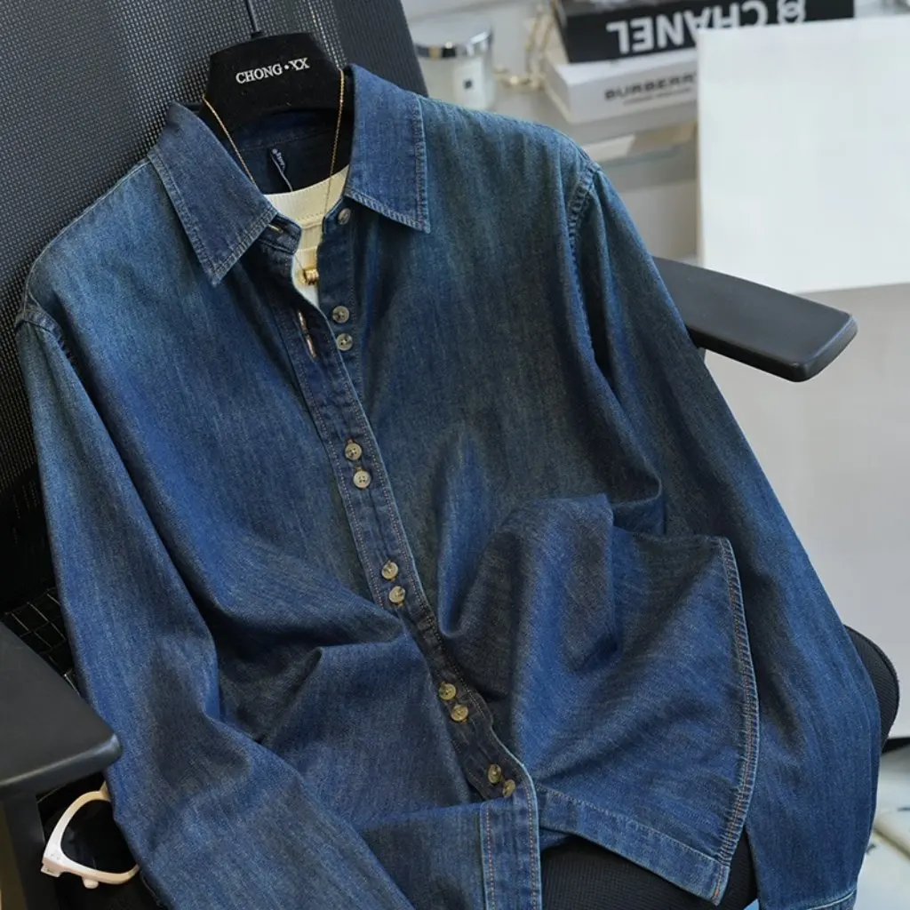 

Zedaijai Vintage Women's Soft Denim Shirt Loose Casual Long-Sleeved Top Stacked Short Coat Elegant Spring Fashion