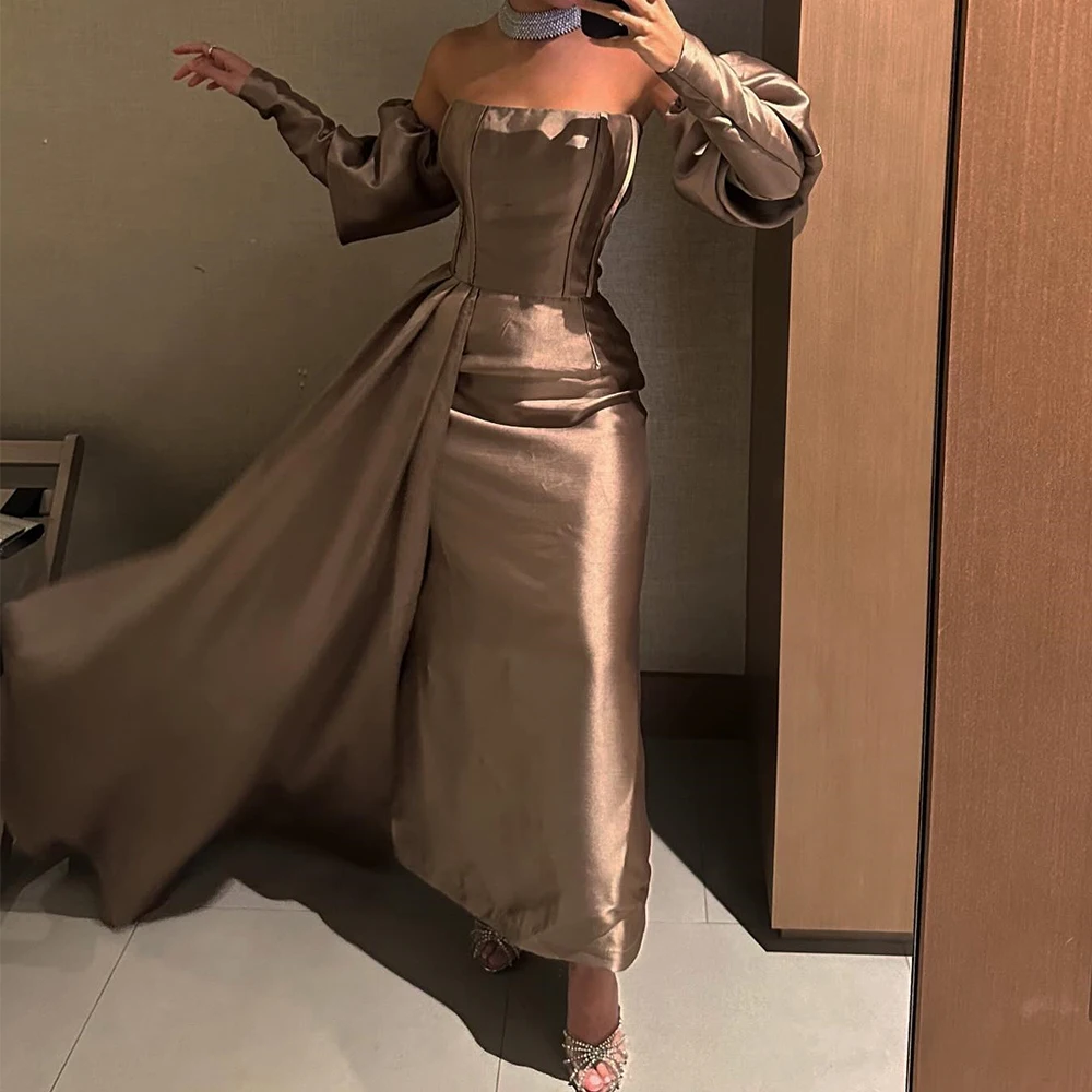 

Customized Modern Detachable Sleeves Pleats Panel Train Strapless Evening Dress Graceful A-Line Satin Photo Color Party Gown