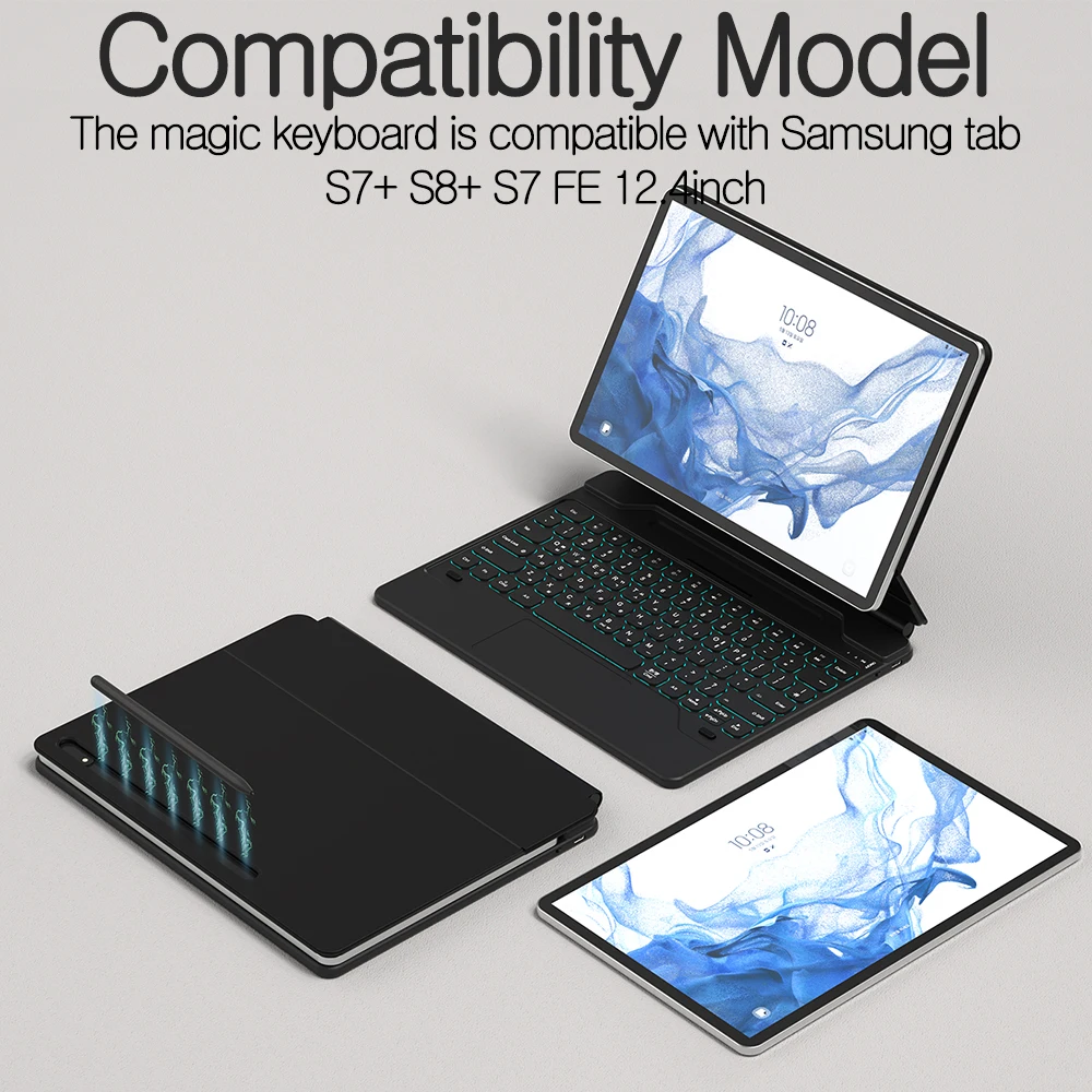 Capa Teclado Mágico para Samsung Galaxy Tab, Trackpad Multi-Ângulo, Teclado Retroiluminado, S9 +, S8 Plus, S7 FE, S7 Plus, 12,4"