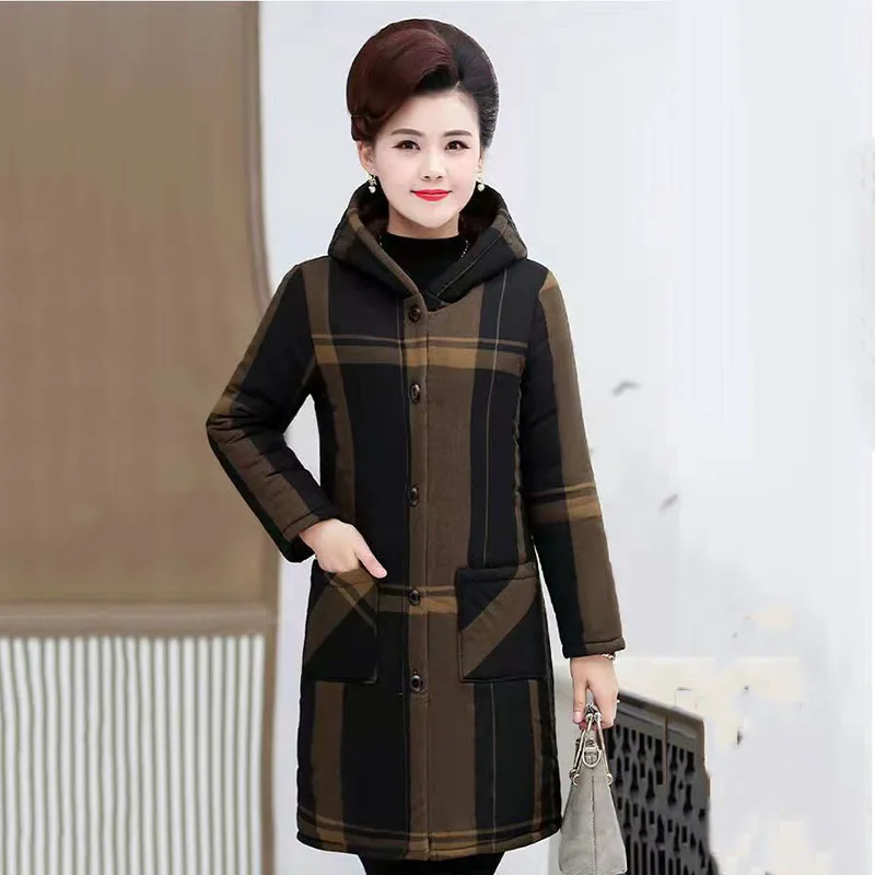 Middle-aged And Elderly Oomen's Fleece Cotton-padded Mother's Winter Long  Cotton-padded  Loose Large Size Warm Plaid Coat