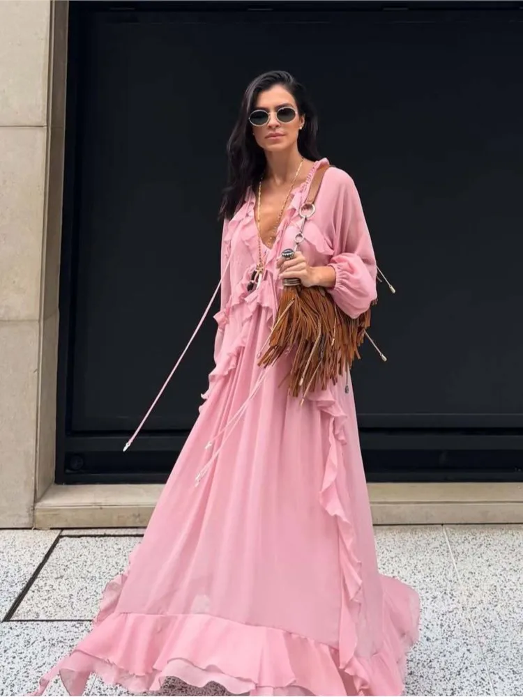 

Elegant Solid Dresse For Women's Fashion Loose V Neck Full Sleeve Long Dresses New Lady Summer Commute Vacation 2025 Vestidos
