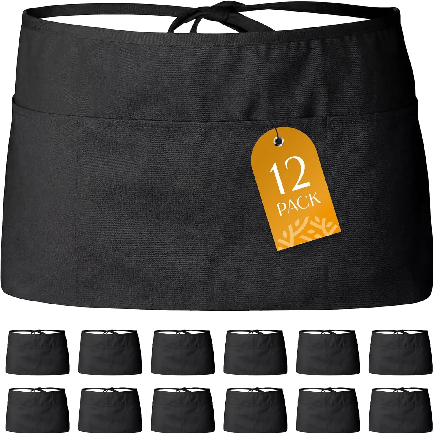 

Classic Black Waist Apron with 3 Pockets for Waitresses and Servers, 12-Pack