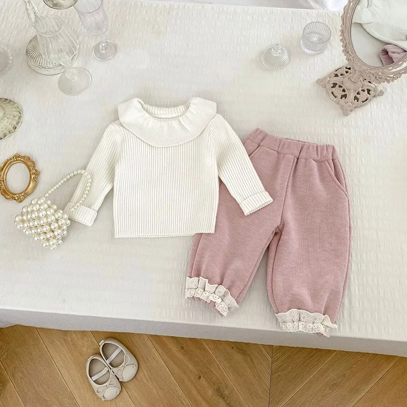 MILANCEL New Autumn Baby Casual Pants Infant Fleece Padded Lace Pants Legs Toddler Girls Outwear Sweatpants