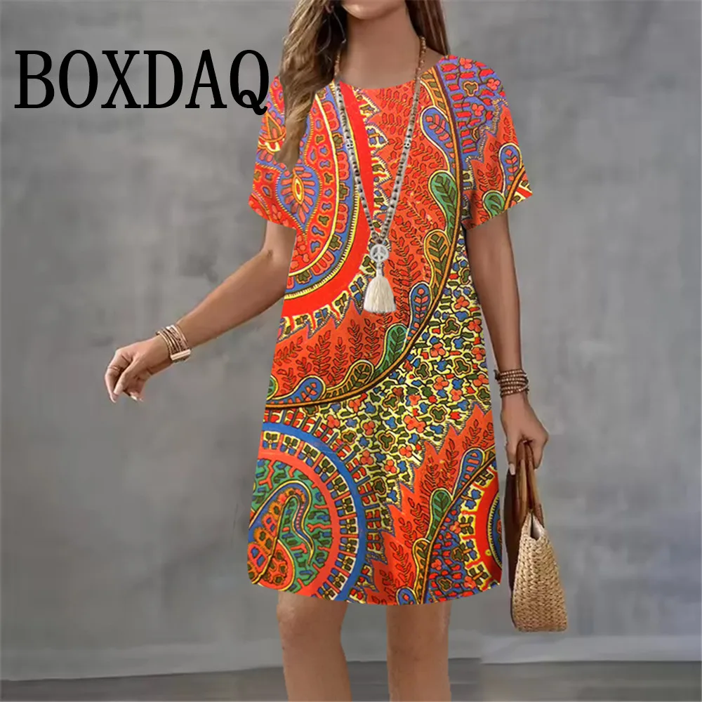 Fashion Ethnic Style Geometric Dress Retro 3D Print Women Loose Short Sleeve Dresses Summer Casual Woman Clothing 2026 Vestidos