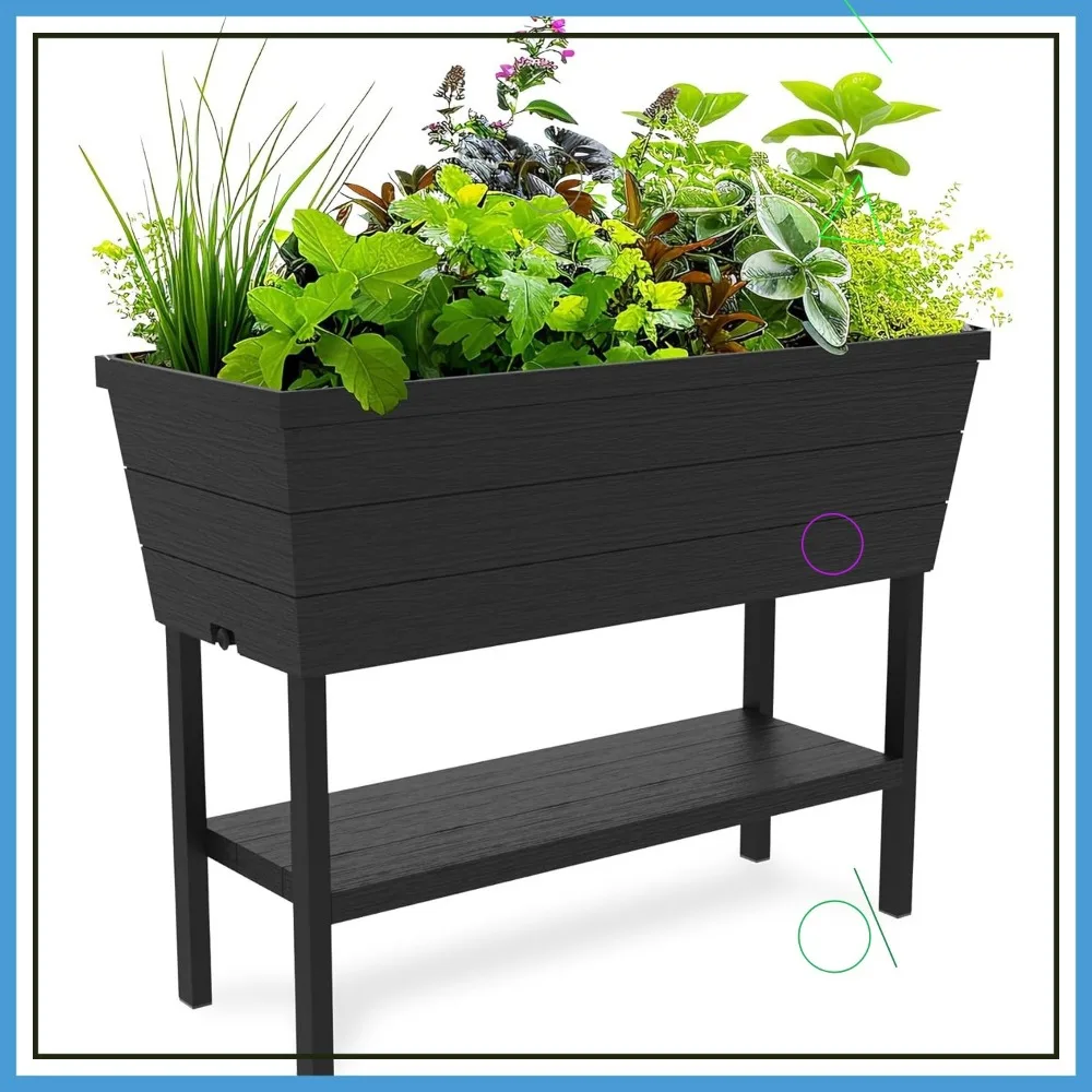 سرير حديقة مرتفع سعة 12.7 جالونًا مع مقياس سقي ذاتيًا، سدادة تصريف، رمادي داكن للأعشاب الخارجية #1