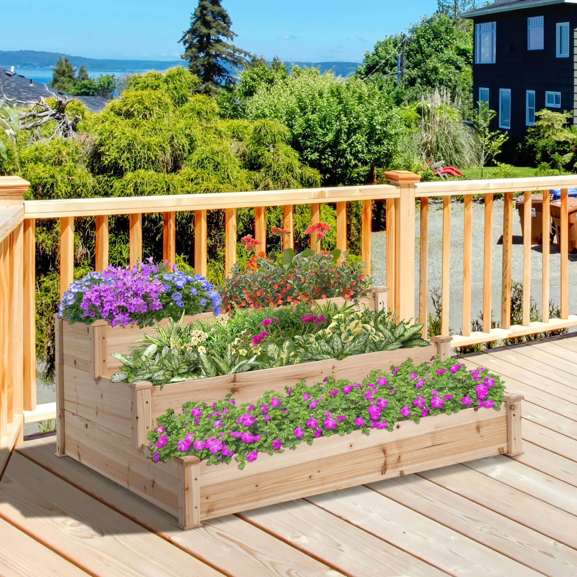 Jardinière surélevée à 3 niveaux, bac à plantes encastré pour herbes et fleurs, en bois de sapin naturel, 124x124x56 cm, design surélevé pour balcon et jardin