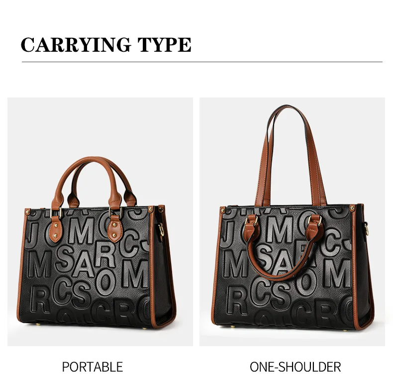 Große Kapazität Multi-Taschen Rindsleder Damen Tragetasche Buchstaben-Prägung Farbblock Handtasche Tragbare Schulter-Pendlertasche – Detail 4