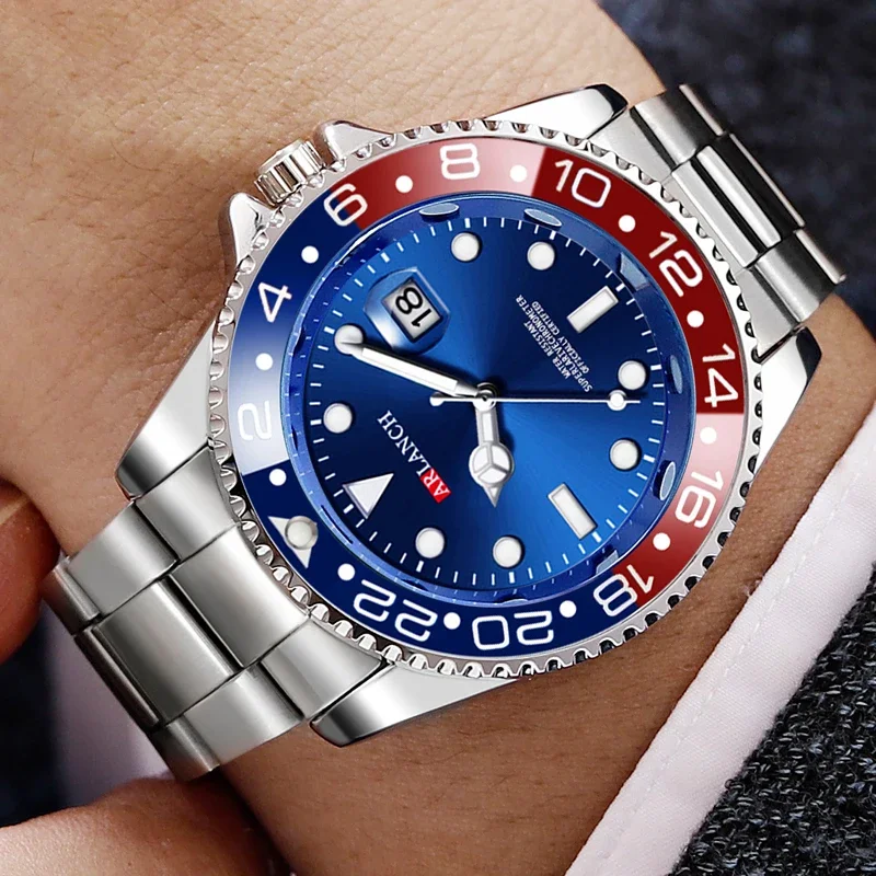 Business Stainless Steel Watch 40mm Classic Red Blue Circle Diving Series Magnifying Glass Calendar Quartz Watches montre homme