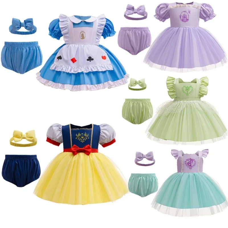 Ad1 criança princesa bandana + macacão cuecas conjunto de roupas neve branca sofia sereia infantil macacão roupas da menina do bebê 5 @ rd ~