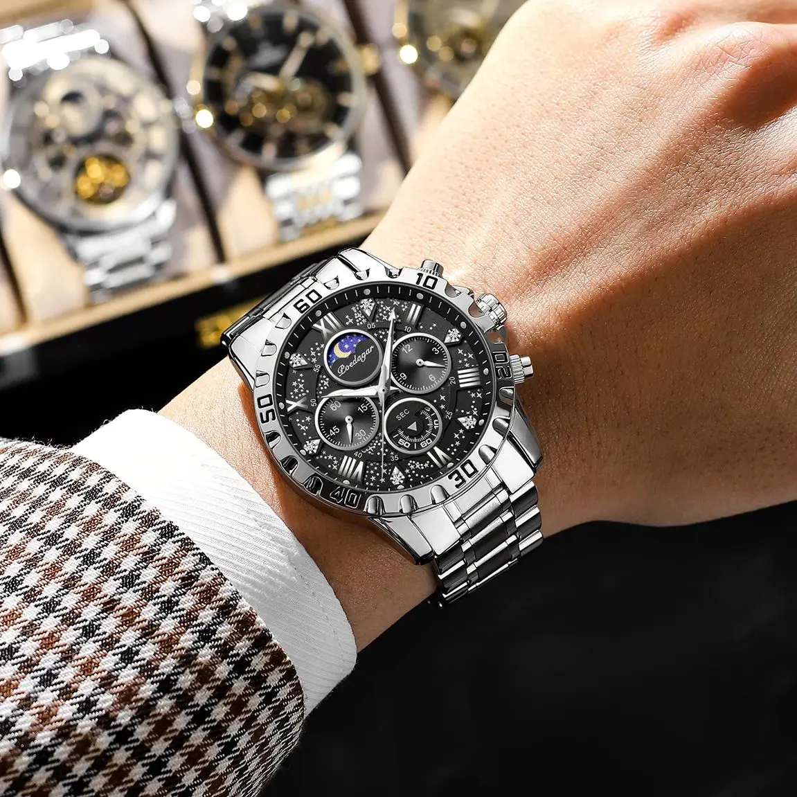 POEDAGAR ساعة رجالية فاخرة مقاوم للماء مضيئة الفولاذ المقاوم للصدأ كوارتز ساعة يد رجالي كرونوغراف الساعات العسكرية للرجال Reloj