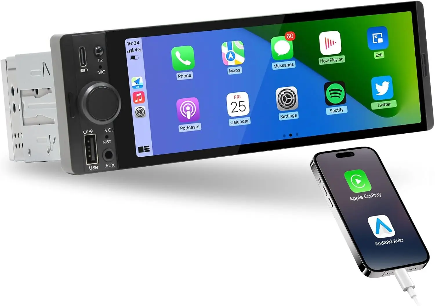 

6.5' Car Stereo with CarPlay & Android Auto, GPS Navigation, Bluetooth, USB, Type-C Charge